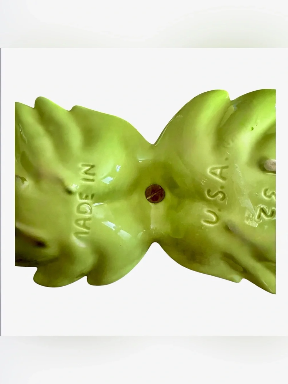 Vintage USA Ceramic Double Leaf Relish Candy Nut Dish Gold Handle Lime Green